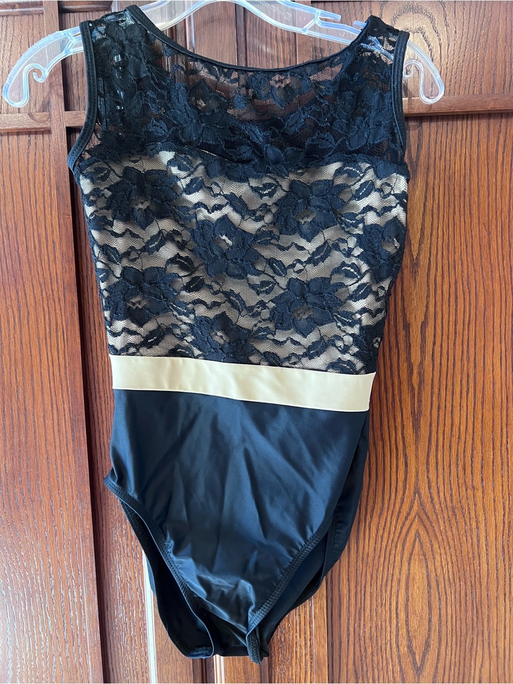 Natalie Black Lace Dance Leotard Nude Lining Gold Band Ballet Costume Sz Medium